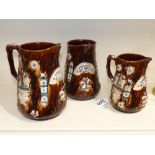 GRADUATING SET OF 3 BARGEWARE JUGS DATED 1882