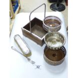 QUANTITY OF SILVER PLATED ITEMS INCLUDING COASTERS AND A HAIRBRUSH