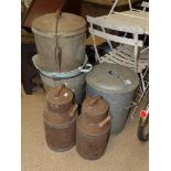 A QUANTITY OF METAL GALVANISED ITEMS INCLUDING TWO MILK CHURNS