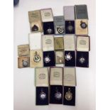 COLLECTION OF 14 FOB MEDALS 7 SILVER HALLMARKED ORIGINAL BOXED