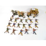 ASSORTED "Elastolin" TOY SOLDIERS INCLUDING A 1930s WOODEN STAGE COACH