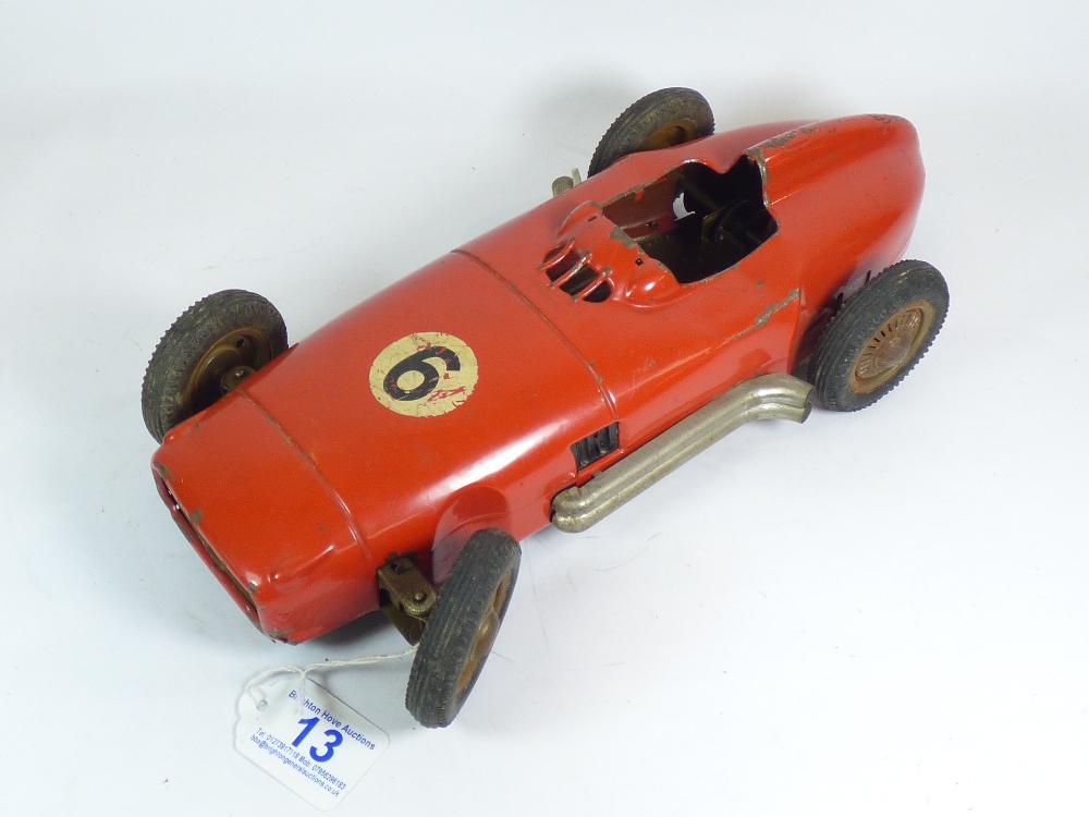 RED TINPLATE RACING CAR, MADE IN WEST GERMANY, MISSING SEAT & INTERIOR, WITH DRIVER STEERING - Image 4 of 12