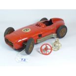 RED TINPLATE RACING CAR, MADE IN WEST GERMANY, MISSING SEAT & INTERIOR, WITH DRIVER STEERING