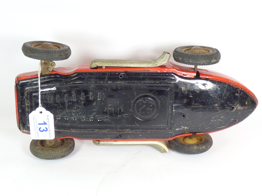 RED TINPLATE RACING CAR, MADE IN WEST GERMANY, MISSING SEAT & INTERIOR, WITH DRIVER STEERING - Image 10 of 12