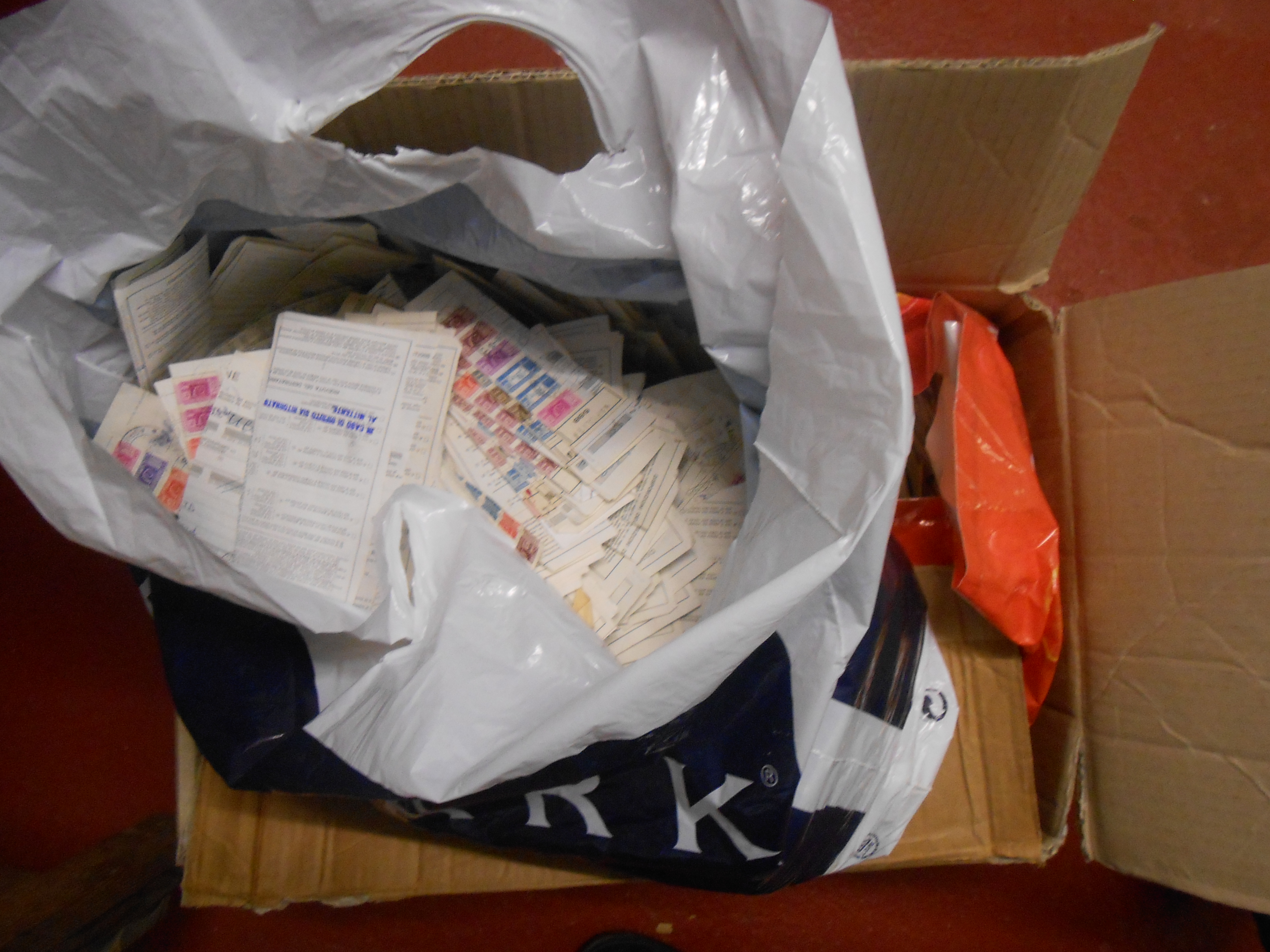 large box with approx 12kilo Europe clippings from Customs Certificates with the stamps, incl high