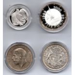 UK 1995 £2 silver proof and 2000 £5 silver proof both boxed with certs plus 1935 & 1937 crowns both