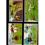 Tom Browne comic cards, coloured x 4, Mountain Climbing, shooting, Polo, Cricket. Unused