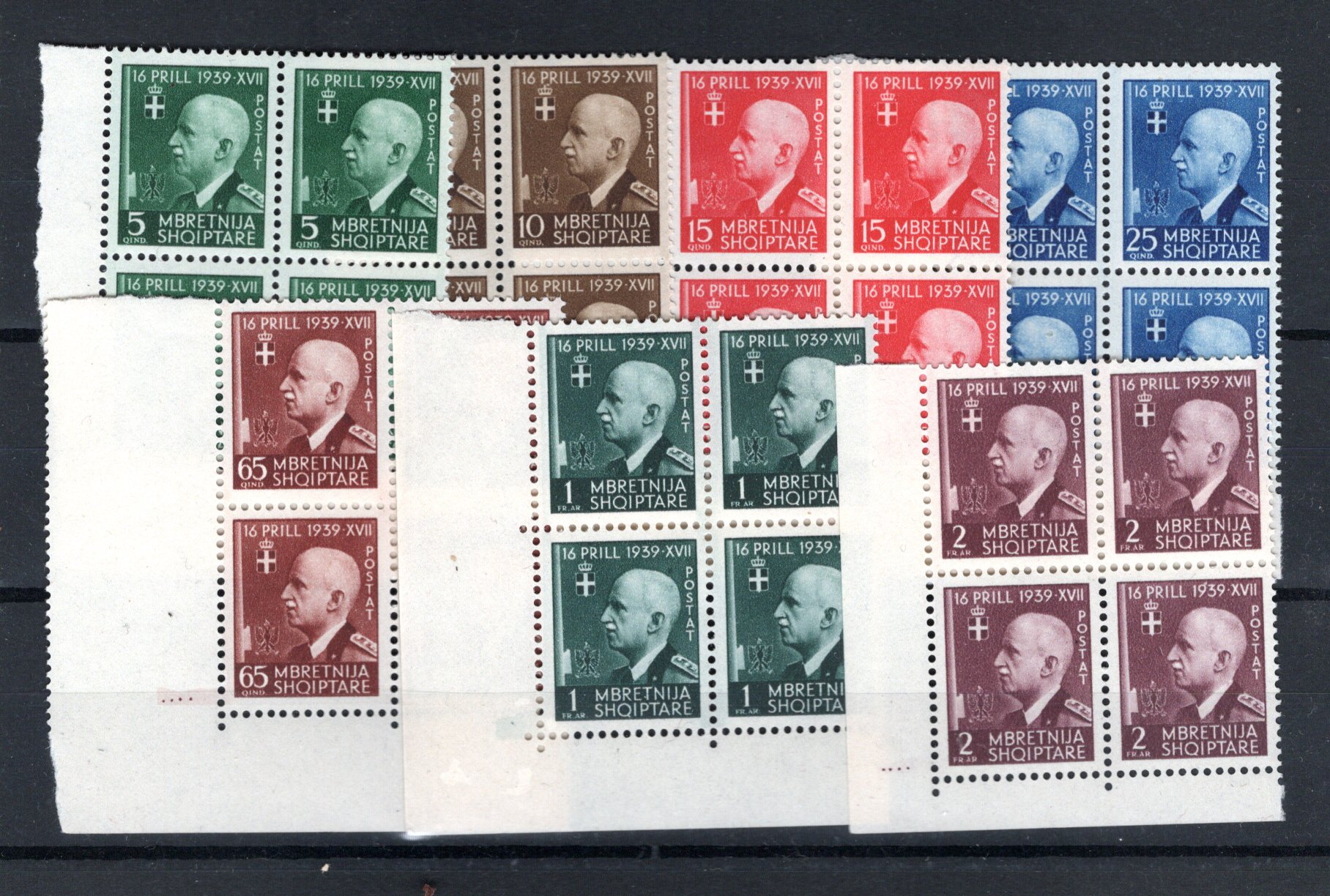 Asia 1942 Third Anniv of Italian Occupn,King Victor Emmanuel set in fine MUH blocks of 4 (7v) Cat