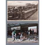 Scotland fishing related 2 cards, Herring Gutters, Wick, Sepia print. Fish Market Aberdeen, colour