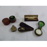 A quantity of collectables to include a wine cask tap, a cased barometer, a pocket watch, a cased