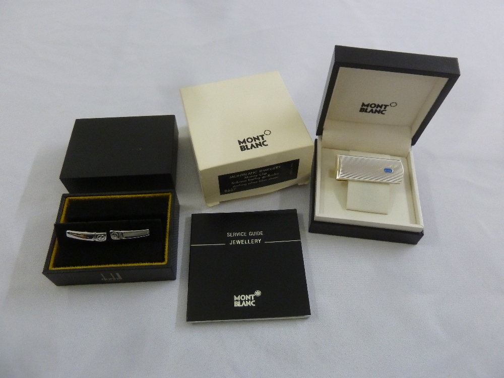 A cased Dunhill set of cufflinks and a Mont Blanc silver and blue stone money clip in original