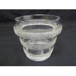 Lalique glass tapering cylindrical ice bucket with vine leaf bands, marks to the base