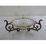 Gilded metal and glass circular table centre piece with three scrolling supports