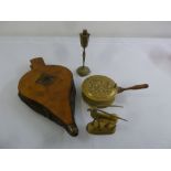 A pair of wooden bellows, a brass lighter in the form of a street lamp, a brass warmer and a brass