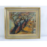 Yitzhak Frenkel-Fernel framed acrylic oil on canvas landscape of trees and house, signed in Hebrew