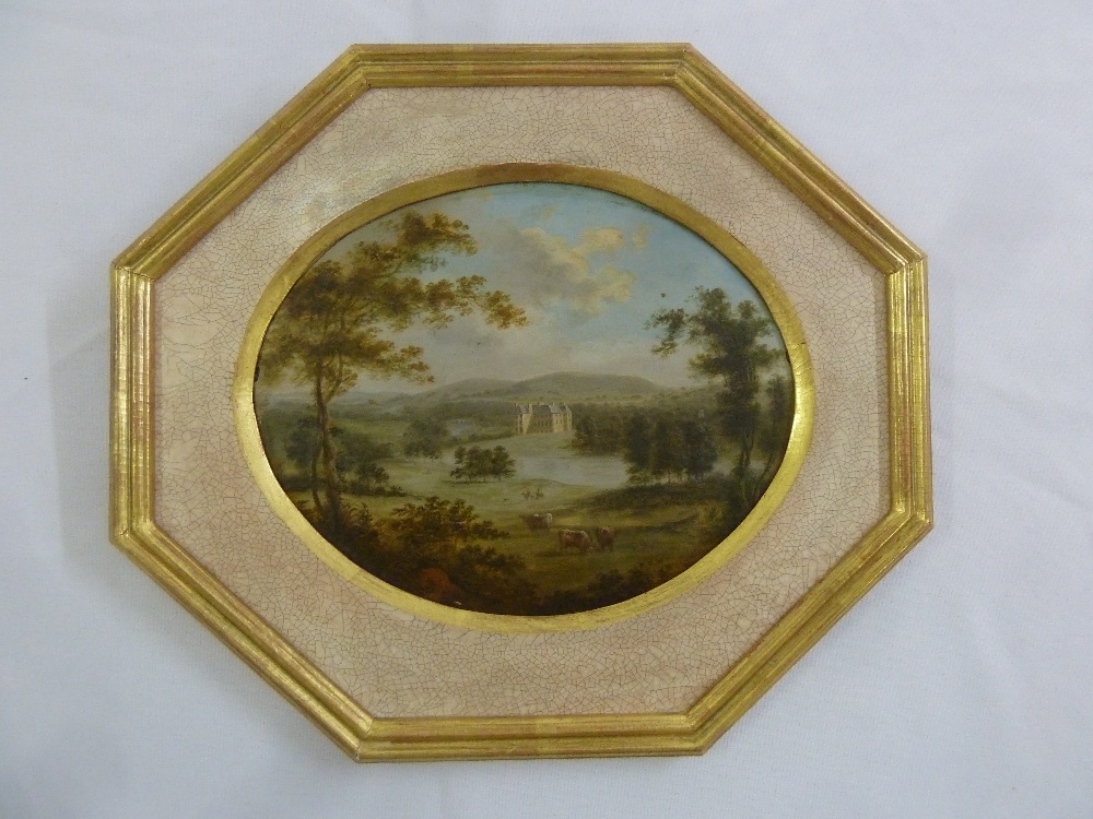 An early 19th century English landscape in hexagonal frame, 16 x 20cm