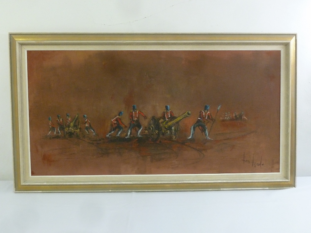 Ben Maile framed oil on canvas of a military scene, signed bottom right, 59 x 121cm