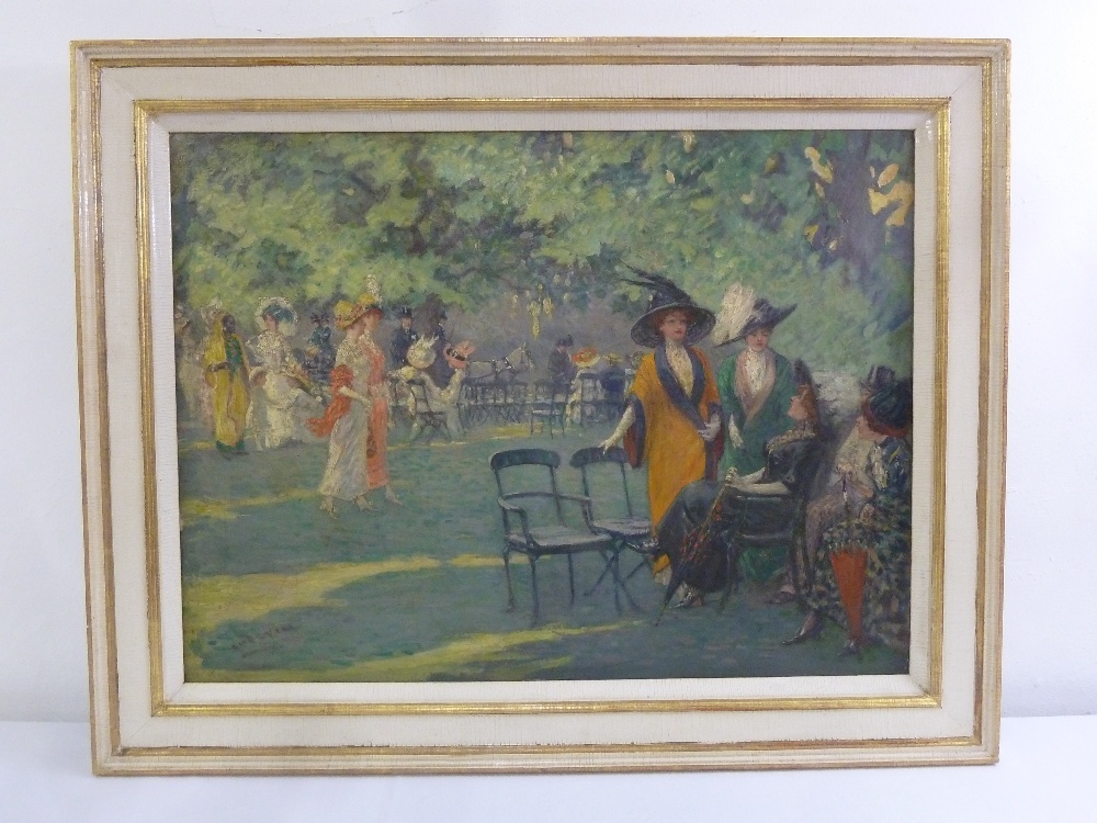 A framed oil on canvas of Edwardian figures in a park indistinctly signed bottom left, 59.5 x 80cm