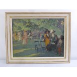 A framed oil on canvas of Edwardian figures in a park indistinctly signed bottom left, 59.5 x 80cm