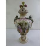 Carl Thieme baluster vase decorated with courtly scenes with domed pierced pull off cover, rams head