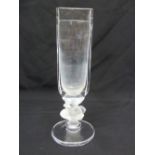 Lalique rectangular stem vase on raised circular base with fawn figurine, marks to the base