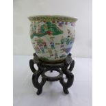 Chinese famile verte fish bowl on hardwood stand, 31cm diameter, 49cm (h) incl. stand