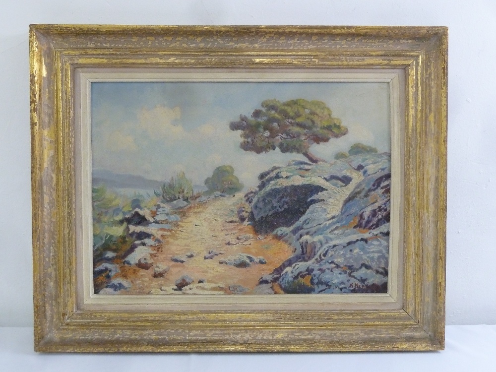 A framed oil on board of a landscape indistinctly signed, 42.5 x 59.5cm