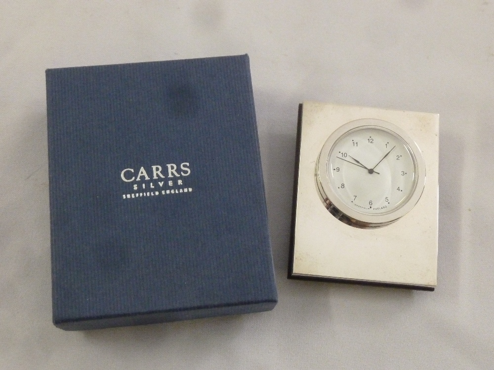 Carrs silver mounted desk clock in original packaging