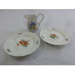 Meissen 20th century two side plates and a milk jug decorated with flowers