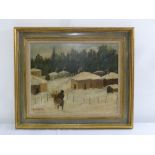 A framed oil on board of a figure gathering wood in a snowy village scene, indistinctly signed lower