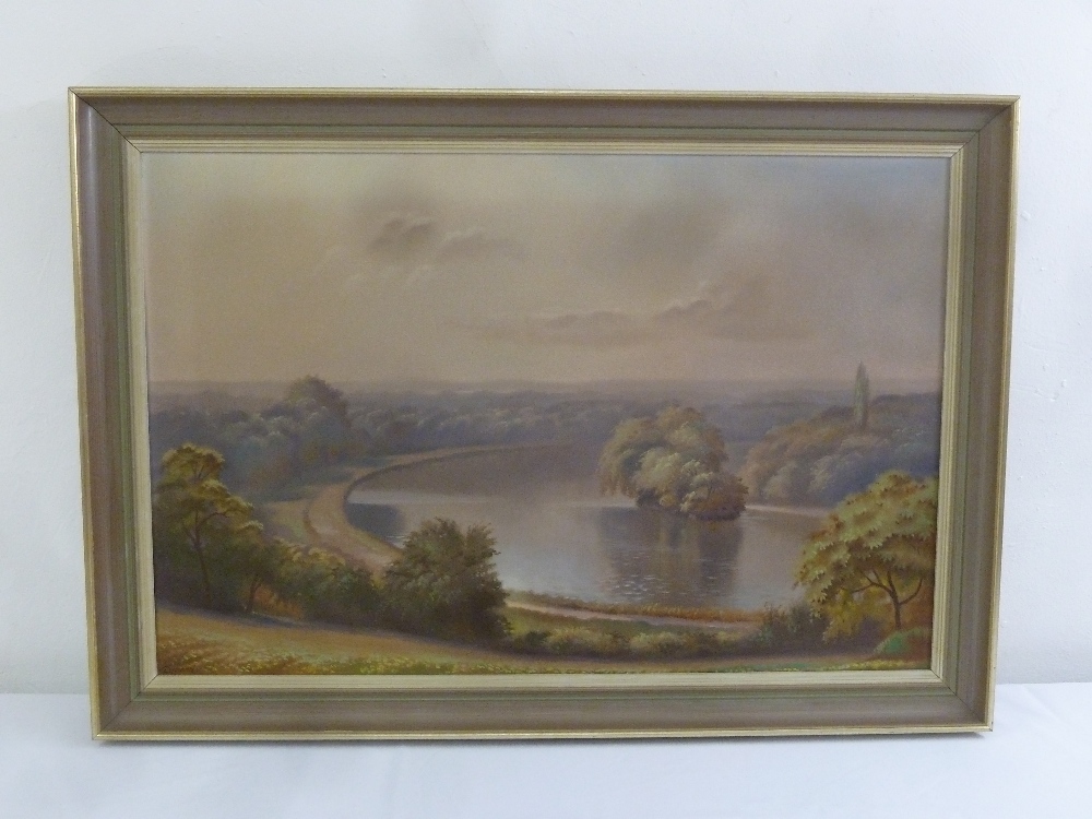 Dymond framed oil on canvas of a lake and forest, signed bottom left, 49 x 74.5cm