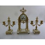 French white marble and gilded metal neo classical clock set, A/F