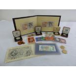 A quantity of coins and bank notes to include proof silver coins and a presentation album of £10