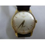 Longines 9ct gentlemans wristwatch, enamel dial, subsidiary second hand, on replacement leather
