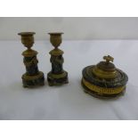 A 19th century French desk set, green marble and ormolu, comprising a pair of candlesticks and a