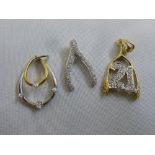 Two 9ct gold and diamond pendants and a 9ct gold and CZ wishbone 21st pendant, approx total weight