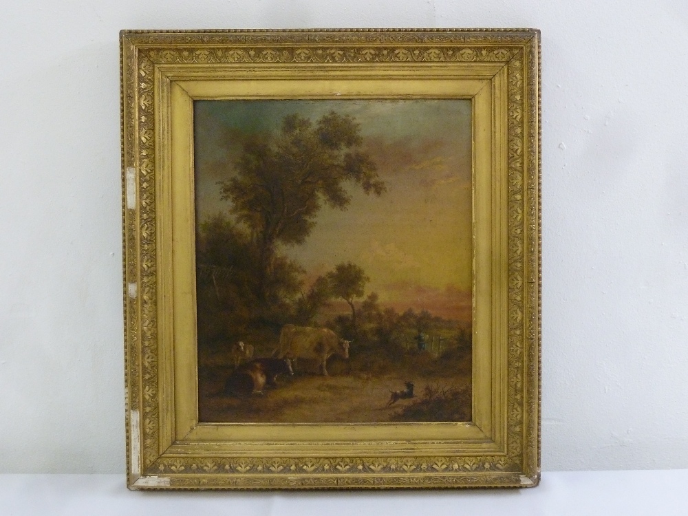 Framed oil on board of a country landscape with cattle in the foreground attributed to William