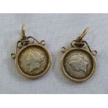 A pair of USA 1 Dollar silver coins set in gold pendants