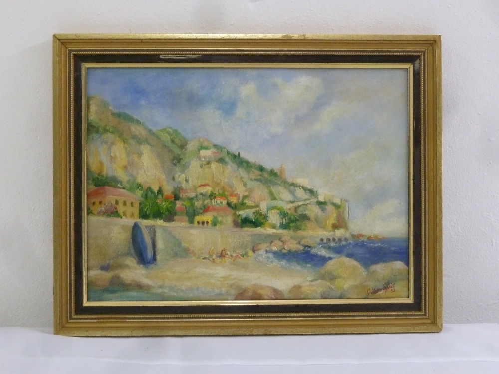 Graham Spiers framed oil on panel of a coastal village, signed bottom right, 25 x 34.5cm