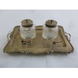 A hallmarked silver inkstand, rectangular with two glass inkwells