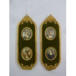 A pair of gilded metal framed miniatures of ladies in 18th century costume