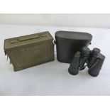 World War II ammunition box and a cased set of binoculars by Photopia