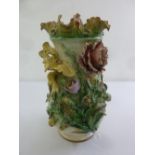 Victorian Majolica vase of cylindrical form with applied floral and leaf decoration, A/F