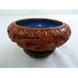 Chinese cinnabar lacquer circular dish on hardwood stand