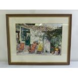 A framed glazed watercolour of a Mediterranean house and courtyard indistinctly signed bottom