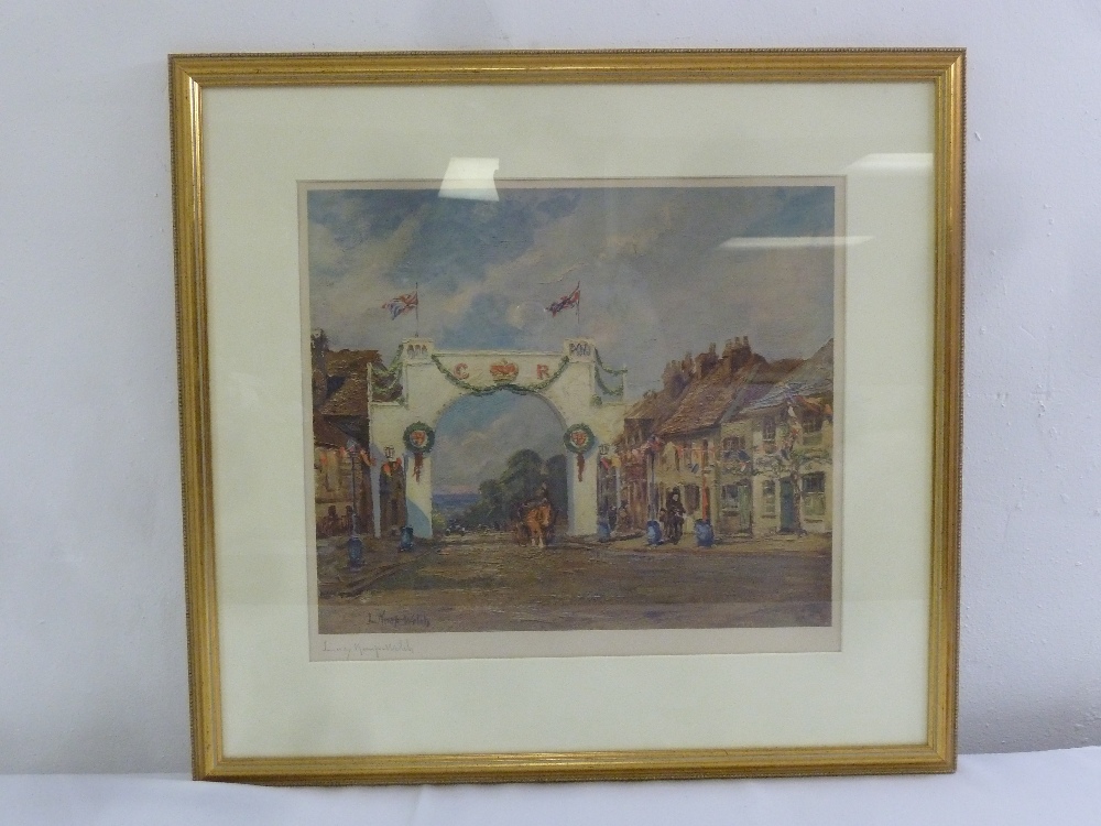 Lucy Kemp Welch framed and glazed polychromatic print of the Jubilee Arch Bushey, signed in pencil