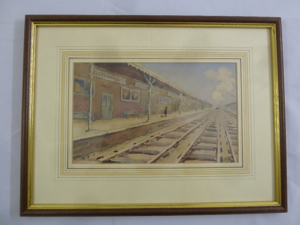 A framed and glazed watercolour titled The Last Train, monogrammed bottom right, 14.5 x 23.5cm