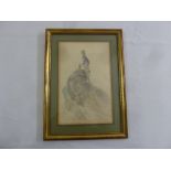 Leopold Munsch framed and glazed aquarelle watercolour and pencil drawing of a lady smoking a