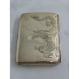 Chinese white metal card case, the hinged cover engraved with a dragon, stamped Tai Hua