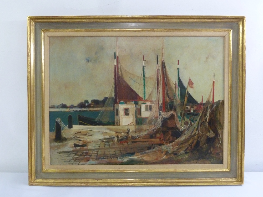 A framed oil on canvas of yachts in a harbour titled La Vache Rouge Honfleur, signed bottom right